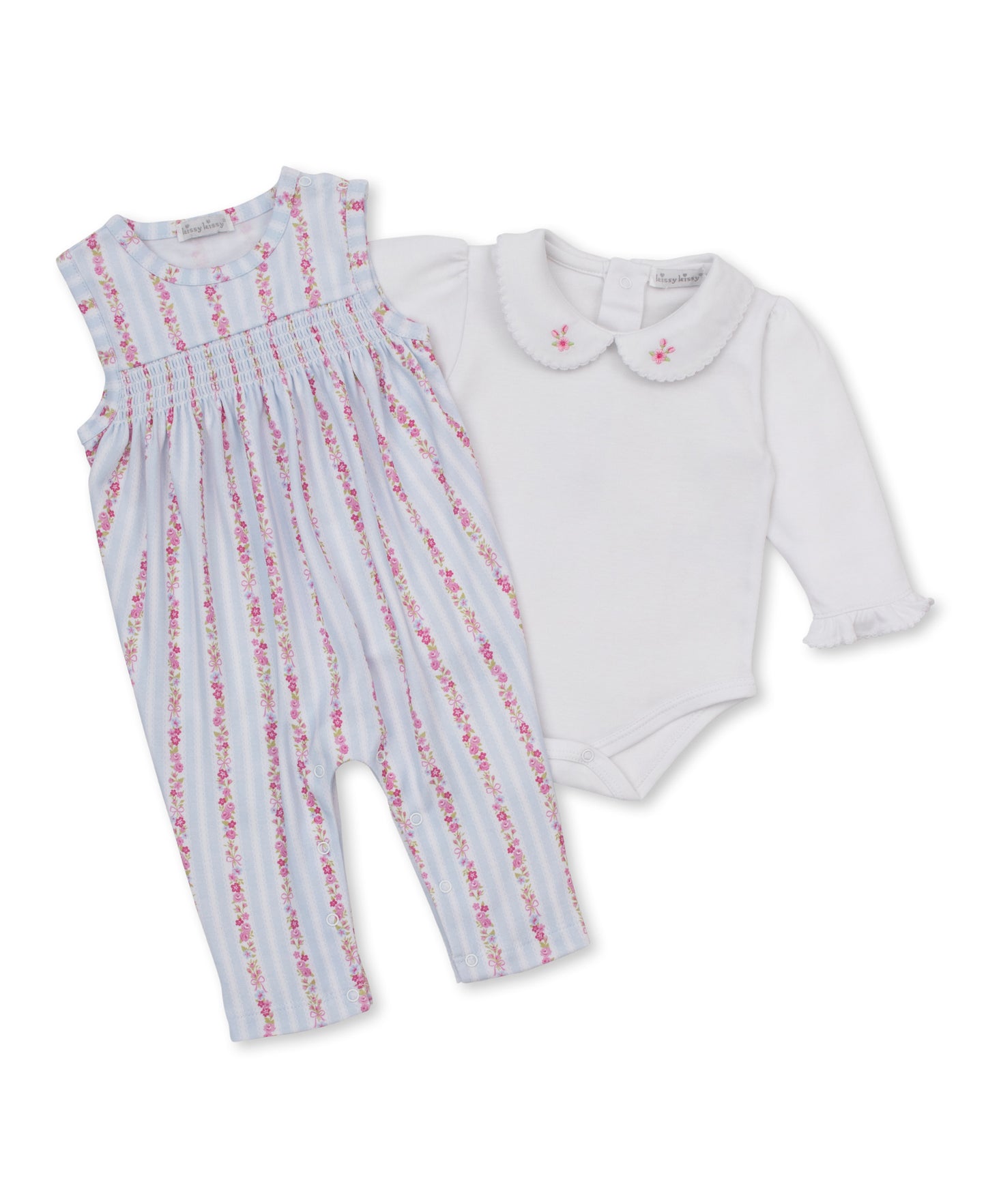 Rose Renaissance Smocked Overall Set - Light Blue/White