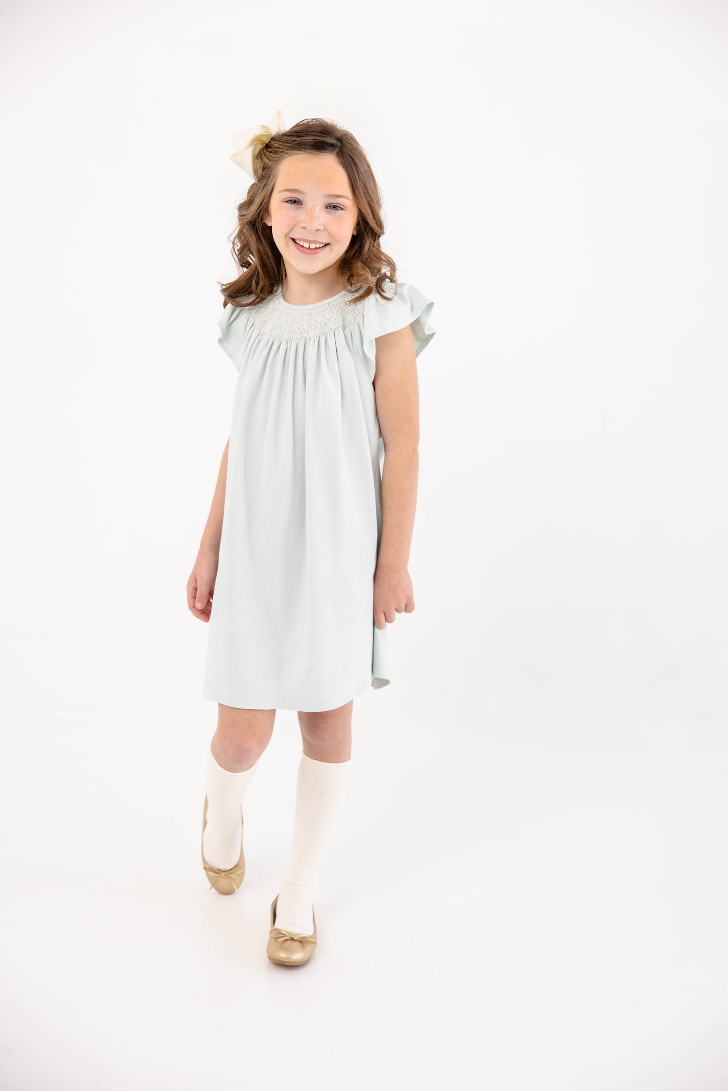 Angel Sleeve Sandy Smocked Dress Pima - Old Greenwich Green/Palmetto Pearl/Keeneland Khaki
