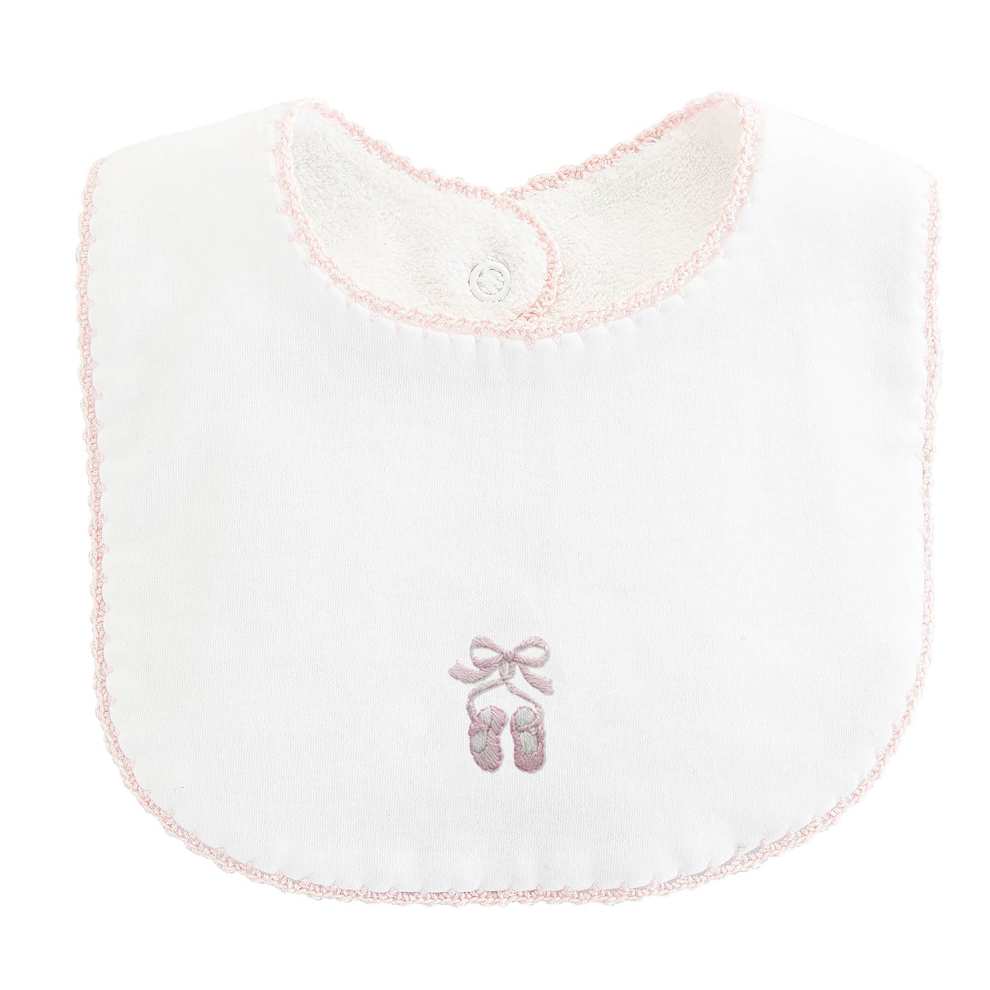 Sugarplum Steps Embroidered Bib with Crochet Trim