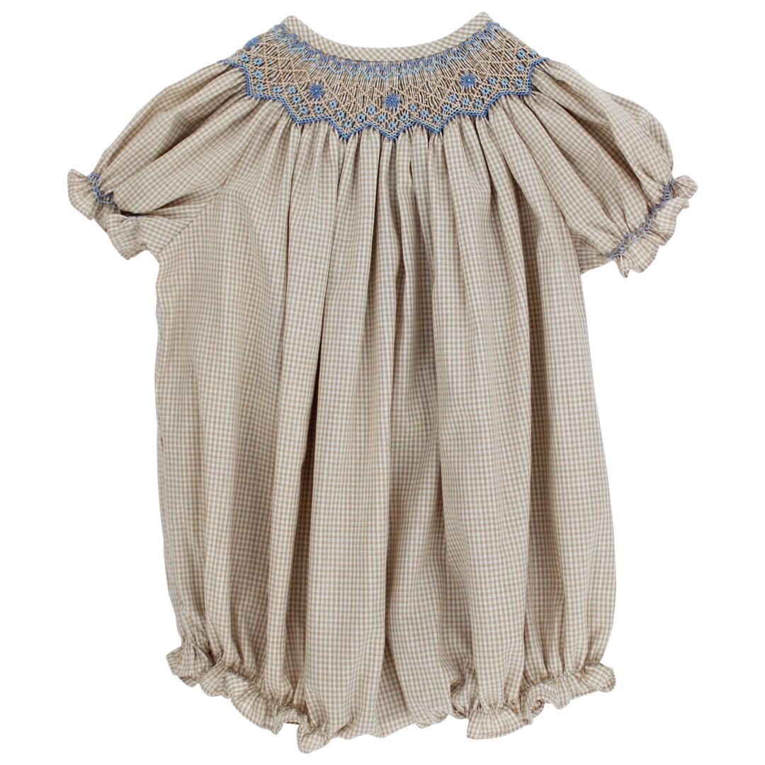 Khaki Check with Blue Floral, Bishop Short Romper