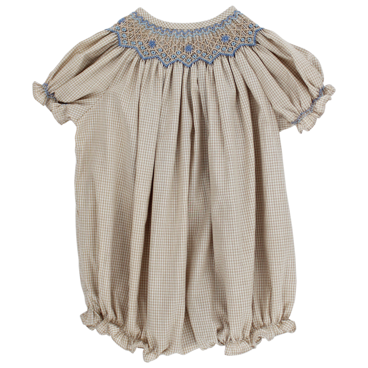 Khaki Check with Blue Floral, Bishop Short Romper