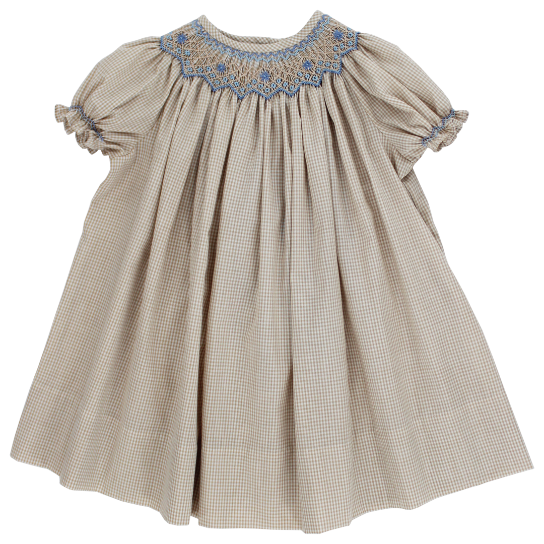 Khaki Check with Blue Floral, Bishop Dress