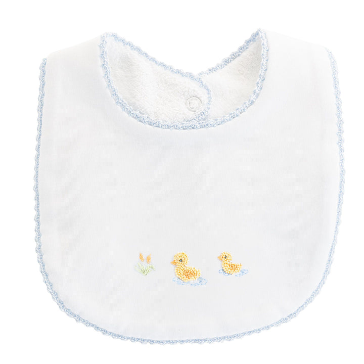 Three Little Ducks Embroidered Bib with Crochet Trim