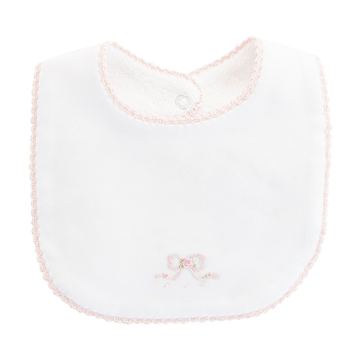 Pretty Bows Embroidered Bib with Crochet Trim