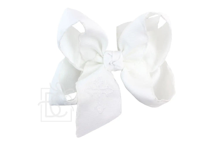 XL White Cross Crochet Edge Grosgrain Bow on Clip