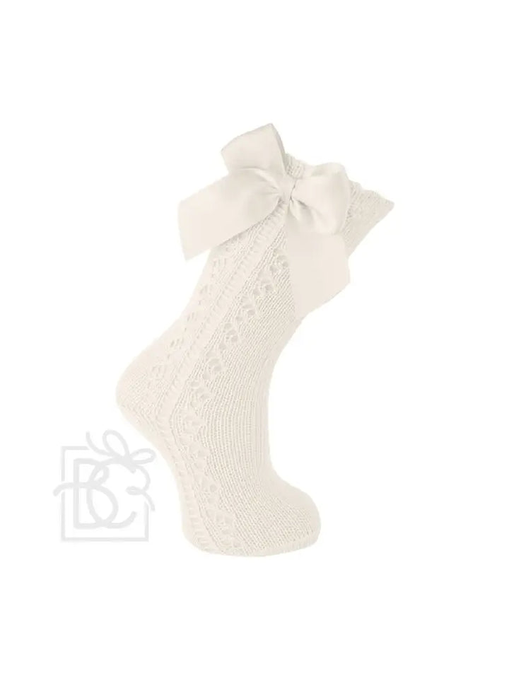 Scottish Yarn Openwork Bow Kneehigh Socks in Natural