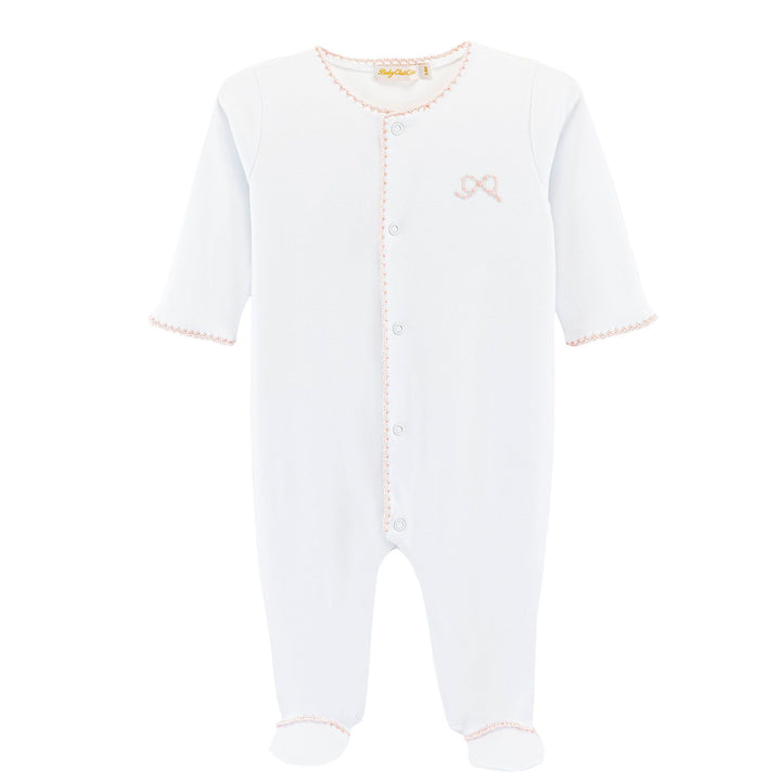 Pretty Bows Embroidered Footie with Crochet Trim