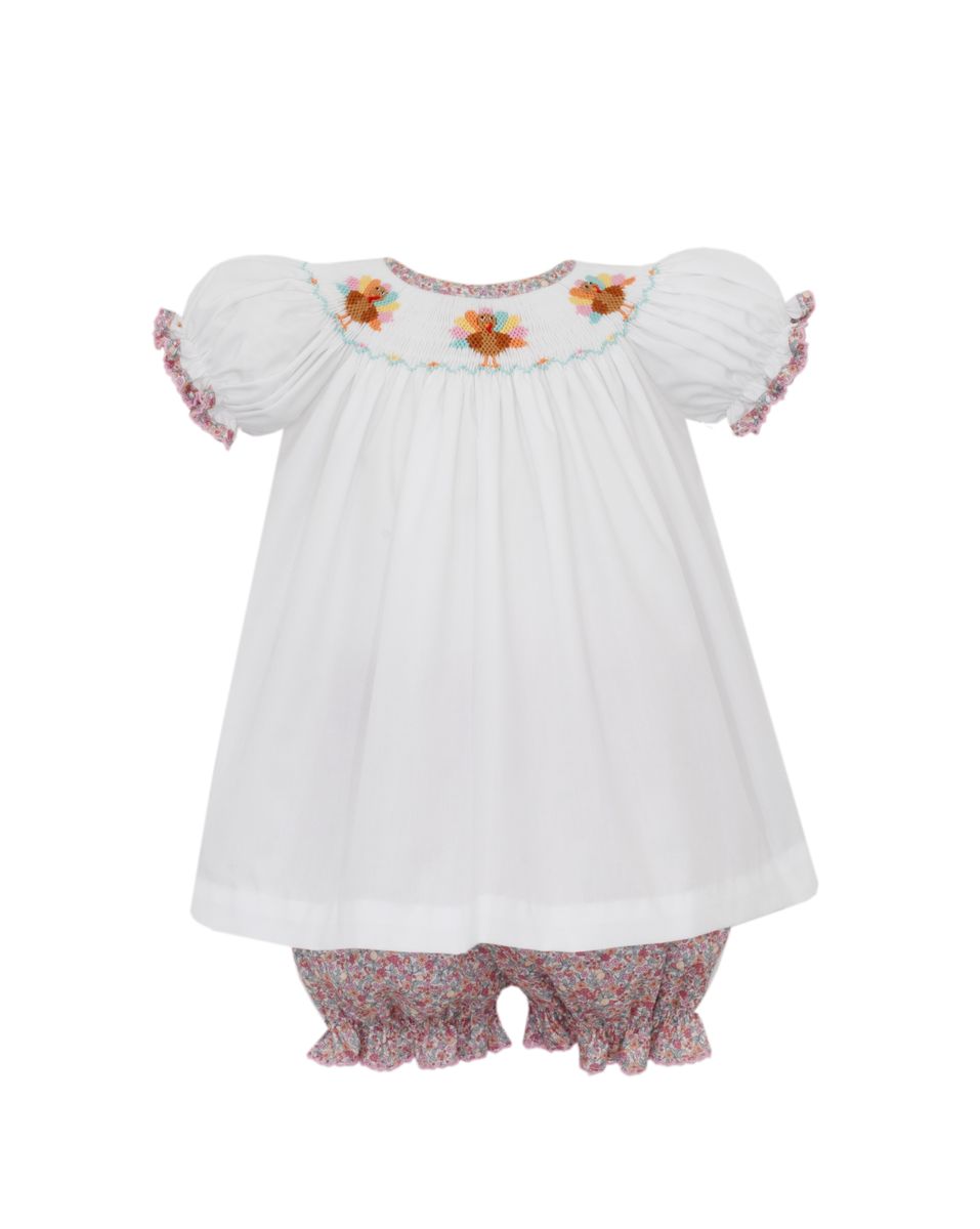 Turkey Girl Pink Floral Bishop Bloomer Set with White Top S/S