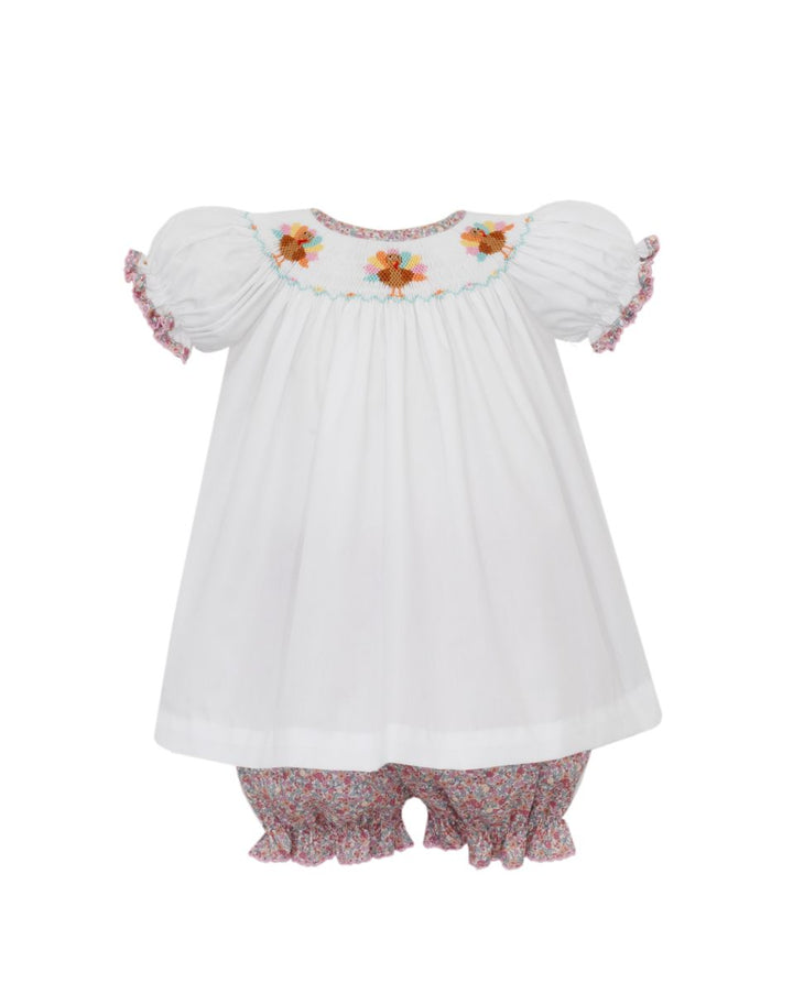 Turkey Girl Pink Floral Bishop Bloomer Set with White Top S/S