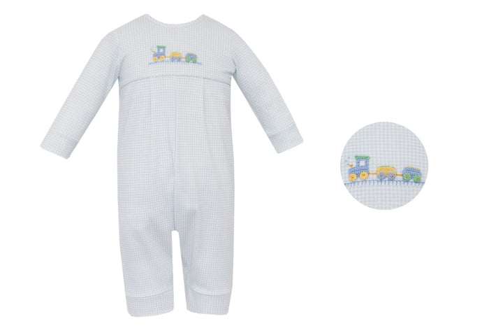 Train - Light Blue Gingham Knit Boy Romper L/S