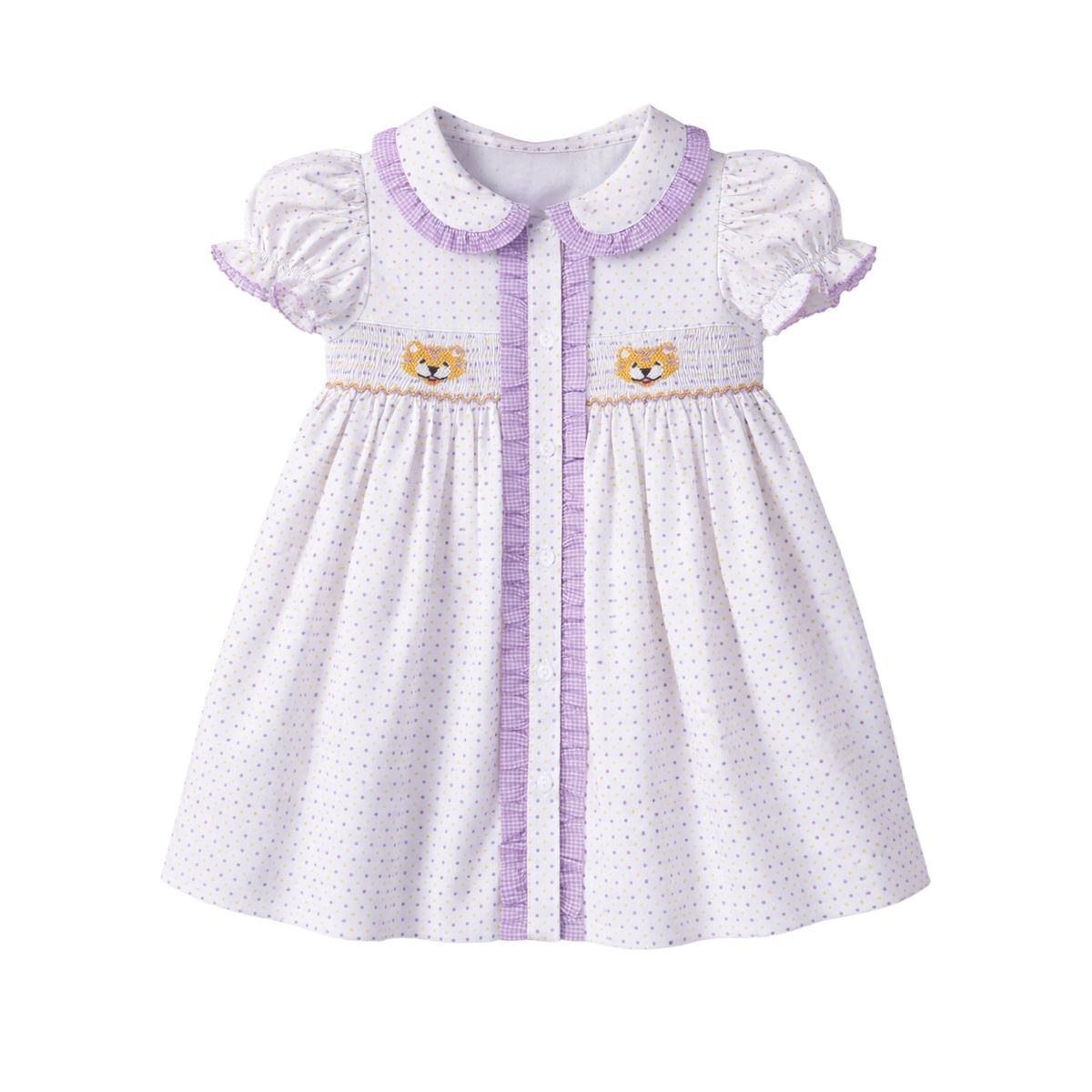 Ruby Smocked Dress-Purple Bitty Dot Tiger