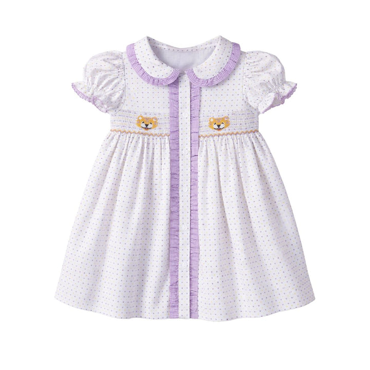 Ruby Smocked Dress-Purple Bitty Dot Tiger