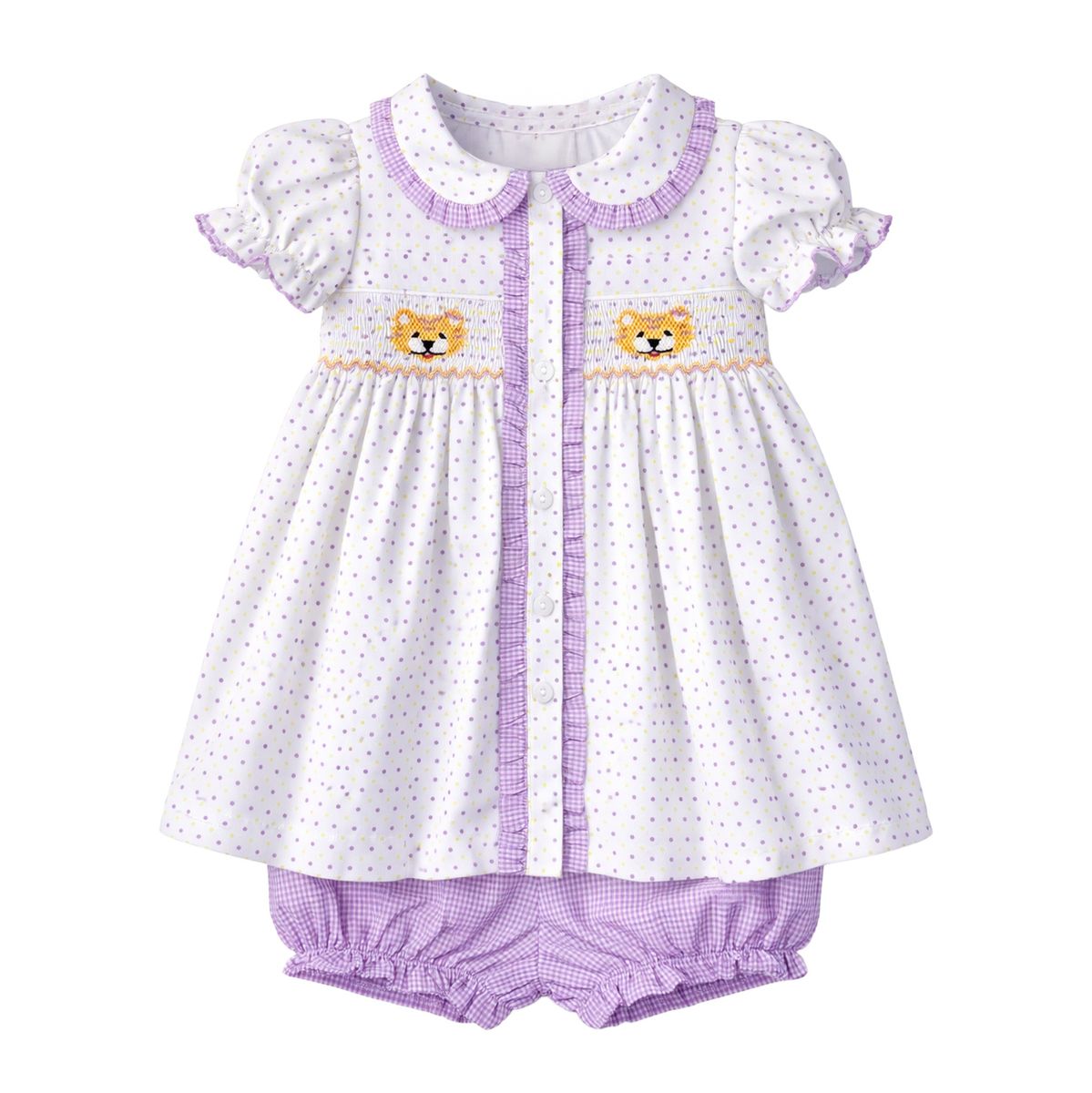 Ruby Smocked Bloomer Set- Purple Bitty Dot Tiger