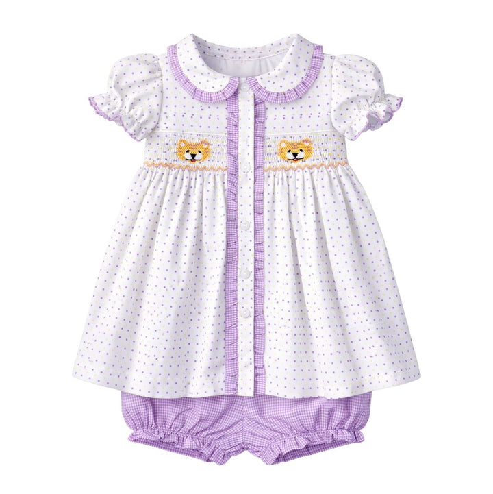 Ruby Smocked Bloomer Set- Purple Bitty Dot Tiger