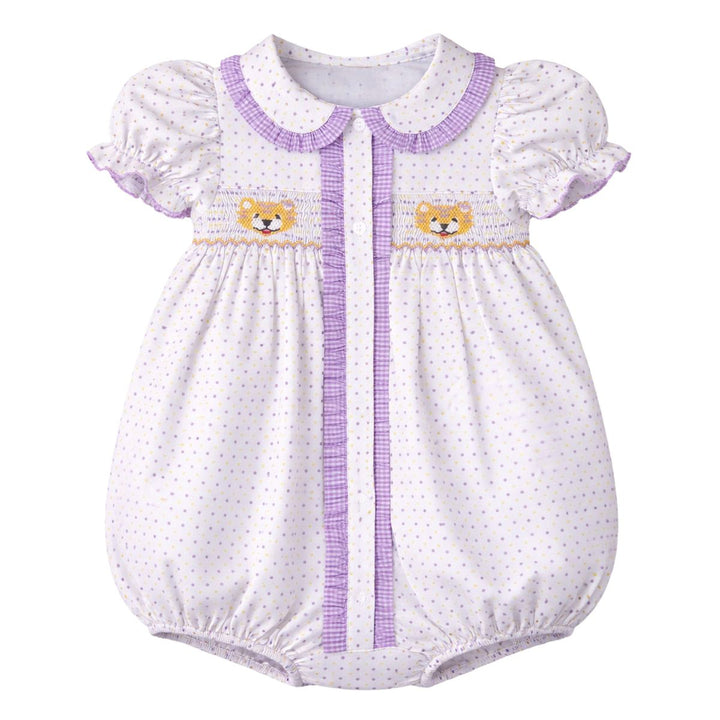 Ruby Smocked Bubble- Purple Bitty Dot Tiger