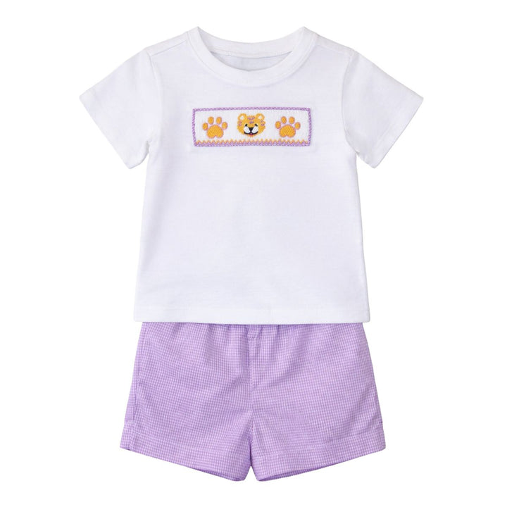 Ollie Smocked Short Set- Purple Gingham Tiger