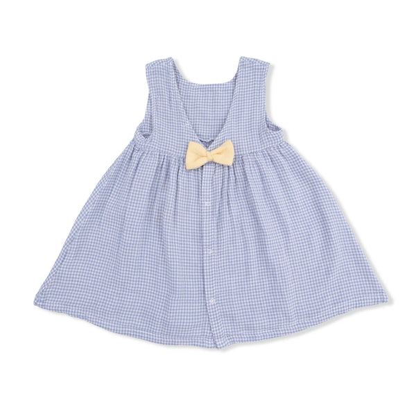 Micro Gingham Blue Blizzard Dress with Bow and Bloomer