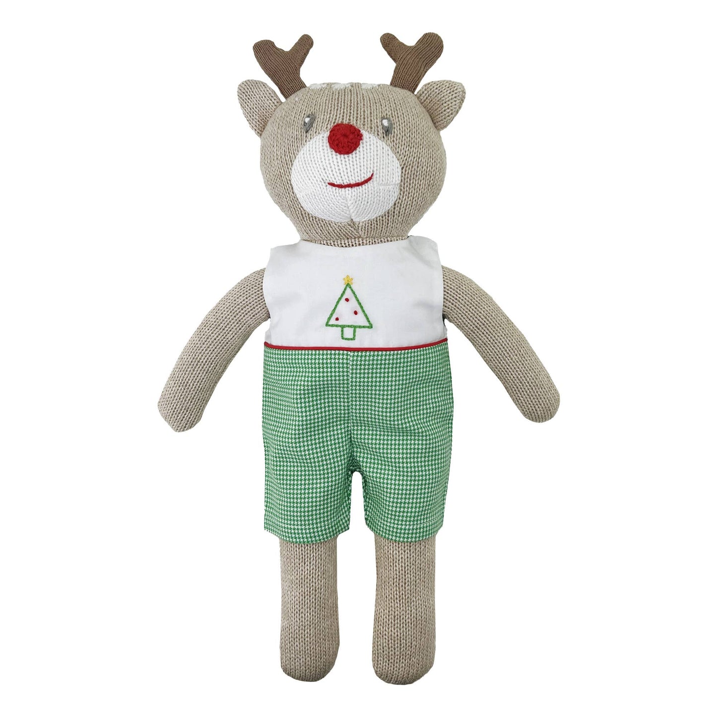 Knit Reindeer Doll with Embroidered Green Check Romper: 14"