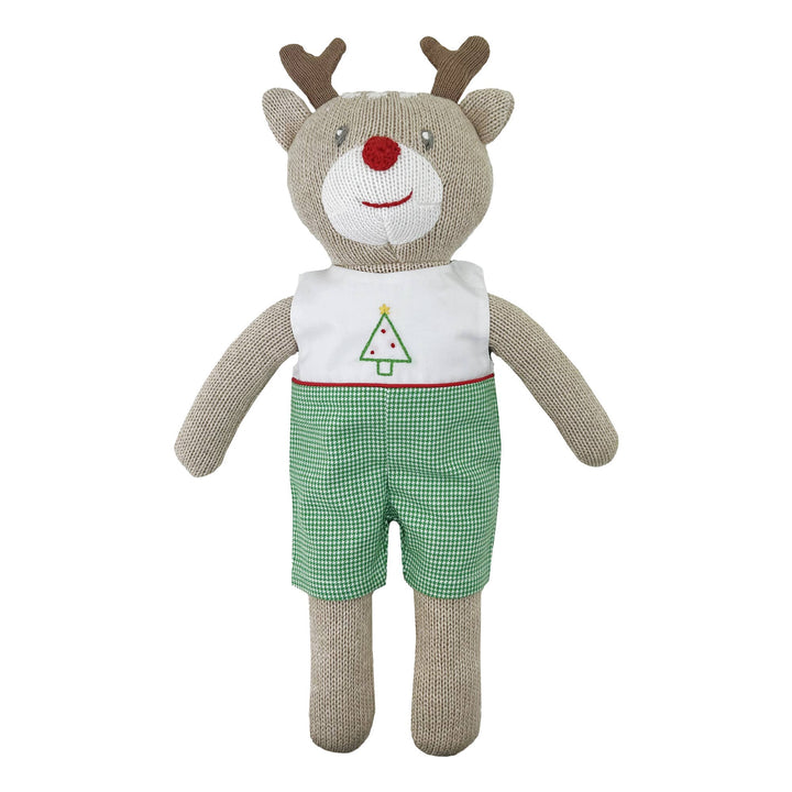 Knit Reindeer Doll with Embroidered Green Check Romper: 14"