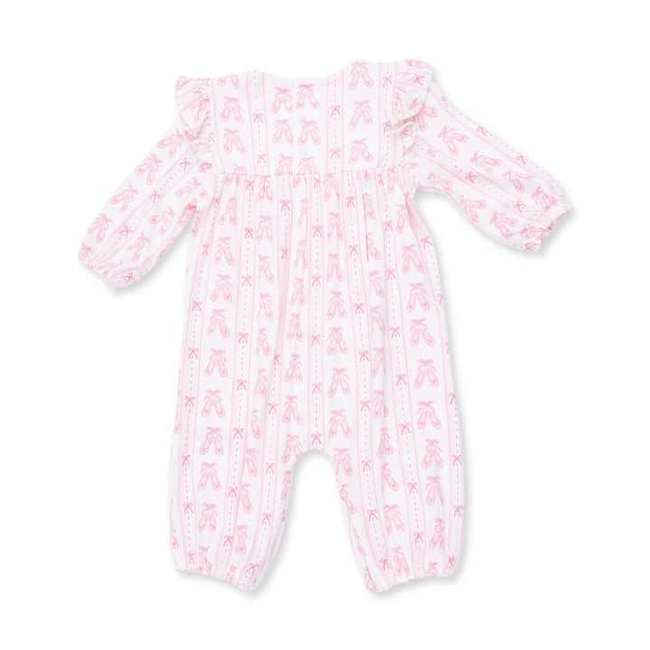 Ballet Shoes Ribbon Stripe  Ruffle Sleeve Snap Romper