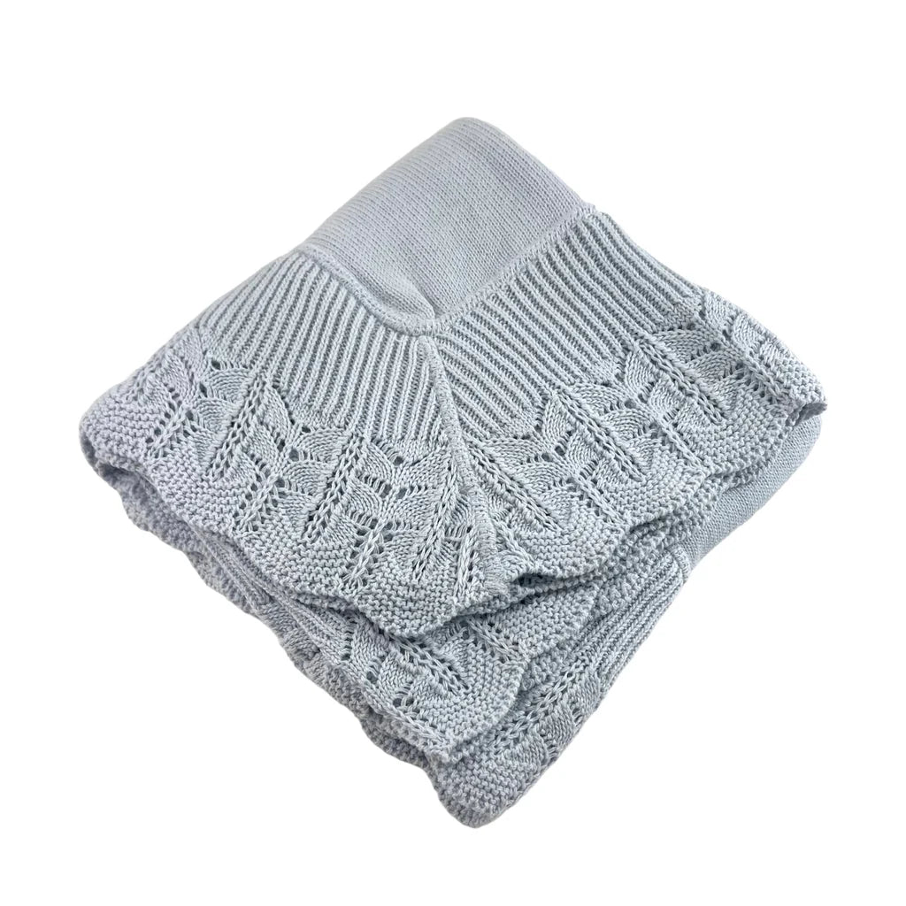 Cotton Jersey Baby Blanket w/ Knitted Scallop Lace Border - Blue