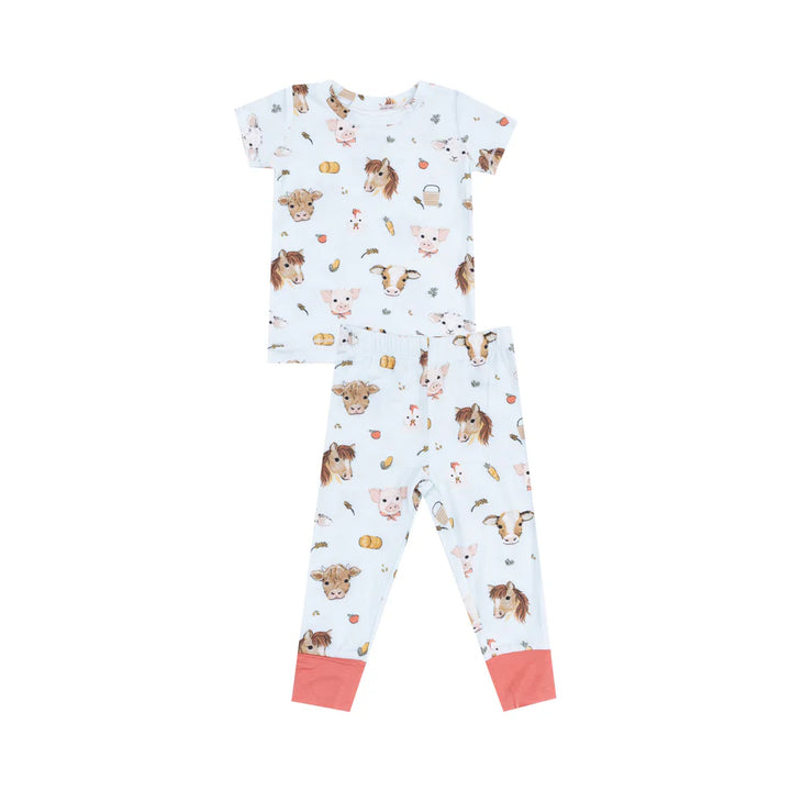 Short Sleeve Loungewear Set - Vintage Animals Faces Blue