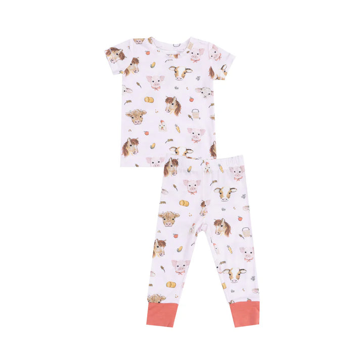 Short Sleeve Loungewear Set - Vintage Animals Faces Pink