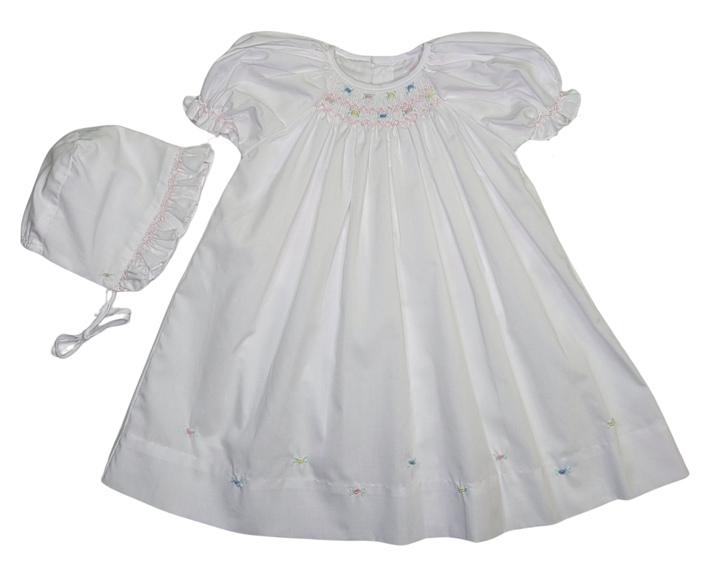 White Smocked Daydress and Hat with Raglan Sleeves and Embroidered Hem