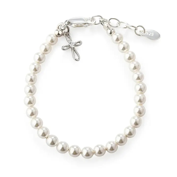 Girls Silver Pearl Baby Baptism Bracelet, 1st Communion Gift - Lacey