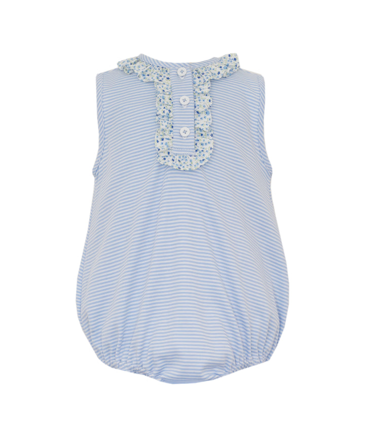 Blue Knit Stripe Sleeveless Girl's Romper w/ Blue Trim Ruffles