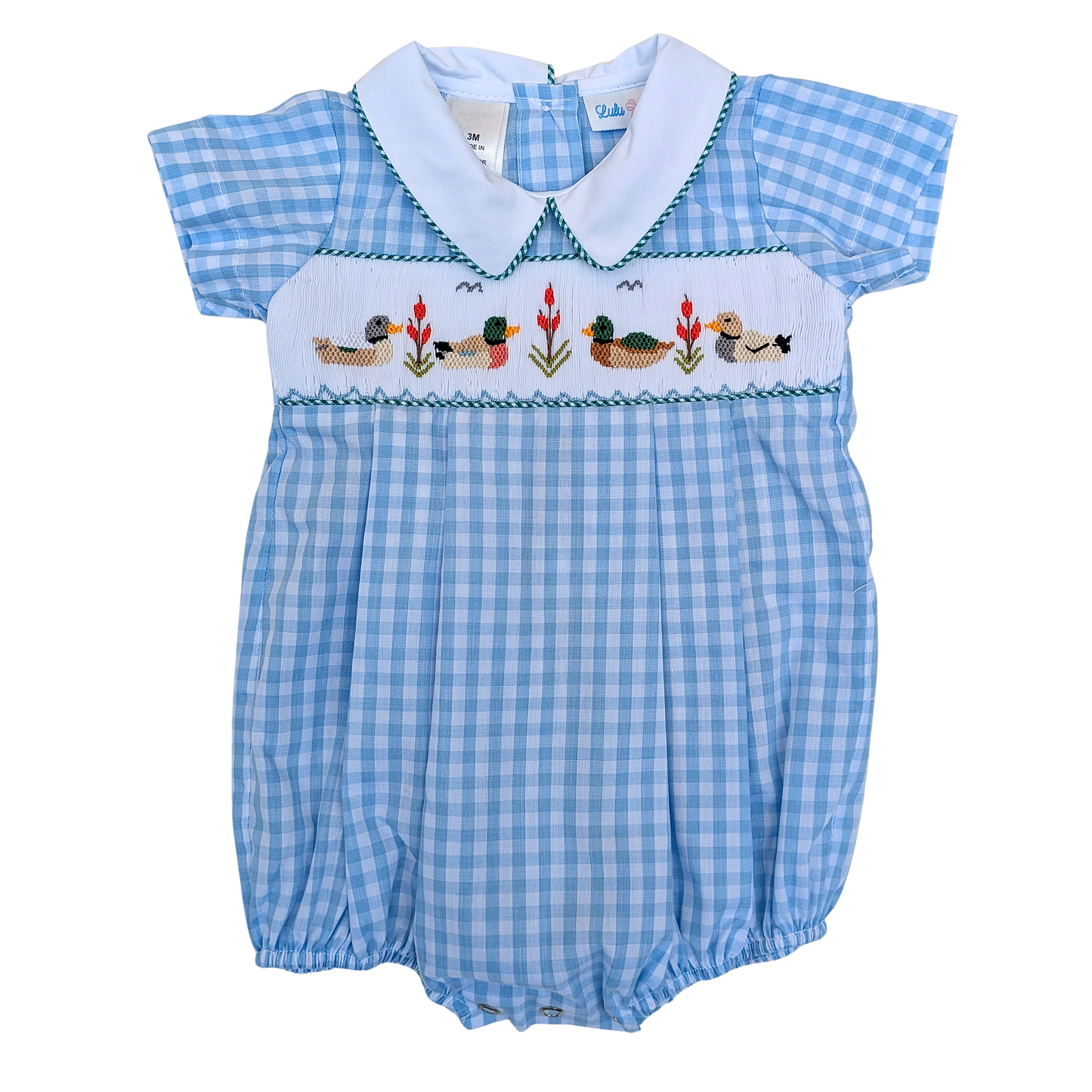 Mallard Duck Smocked Bubble w/ White Collar w/ Pintucks