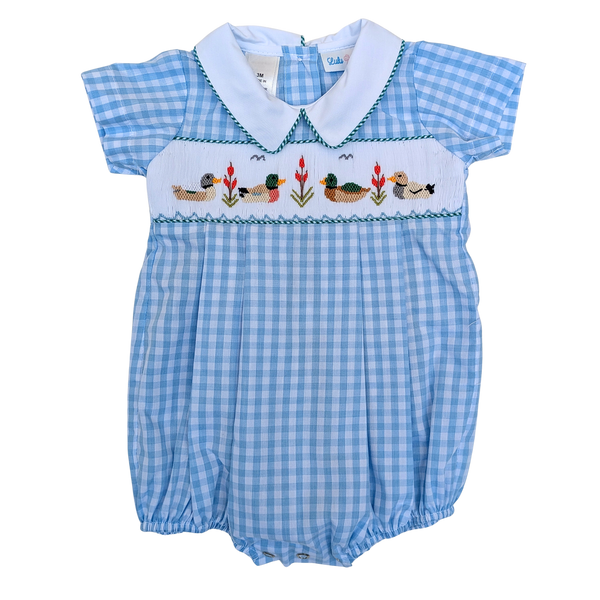 Mallard Duck Smocked Bubble w/ White Collar w/ Pintucks