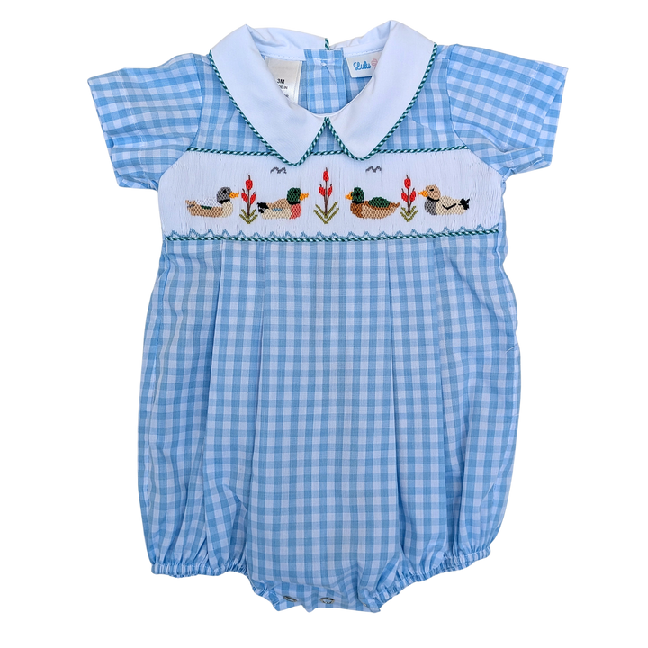 Mallard Duck Smocked Bubble w/ White Collar w/ Pintucks