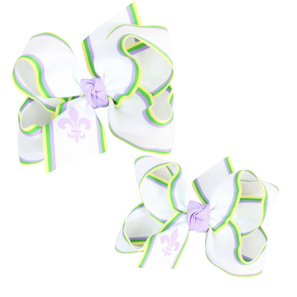 LIGHT ORCHID FLEUR HEAT TRANSFER MARDI GRAS STRIPE BOW ON ALLIGATOR CLIP