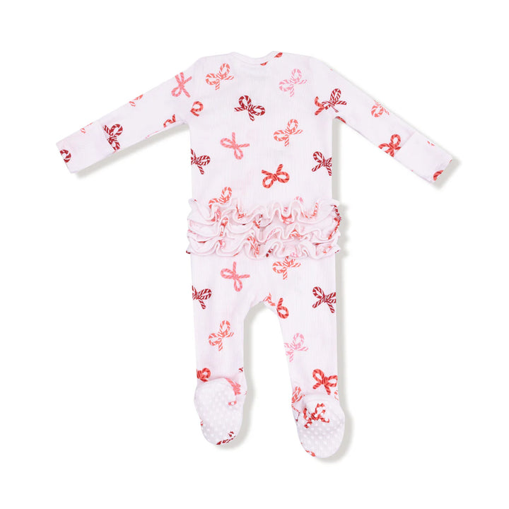 Candy Cane Bows - 2 Way Zipper Ruffle Back Footie