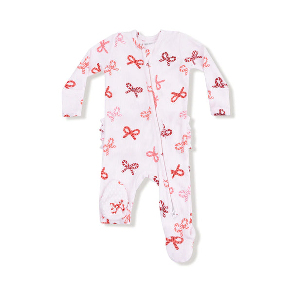 Candy Cane Bows - 2 Way Zipper Ruffle Back Footie