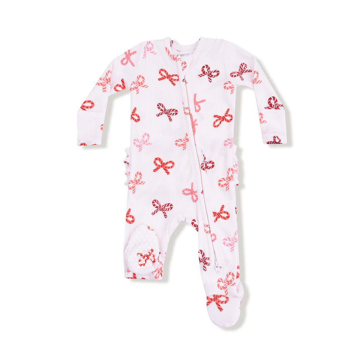 Candy Cane Bows - 2 Way Zipper Ruffle Back Footie