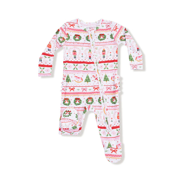 Sugar Plum Fairy - Nutcracker Fair Isle - Pink - 2 Way Zipper Ruffle Back Footie