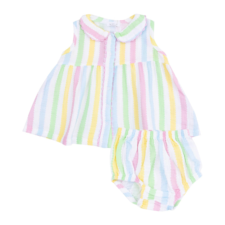 The Jill- Peter Pan Button Front Dress with Ric Rac Trim and Diaper Cover - Ric Rac Stripe