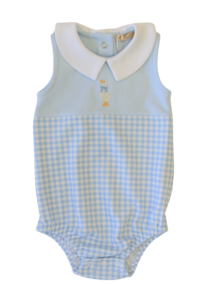 Springtime Goose - Boy Light Blue Gingham Bubble with Embroidery