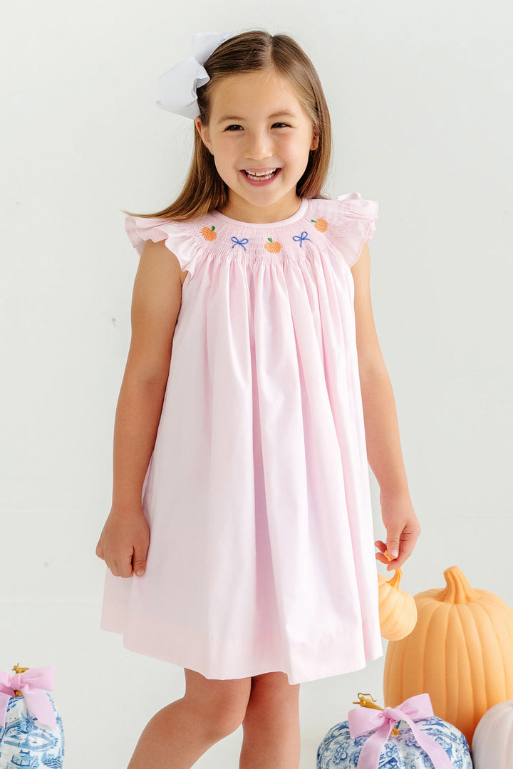 Angel Sleeve Sandy Smocked Dress - Palm Beach Pink with Pumpkin & Bow Smocking