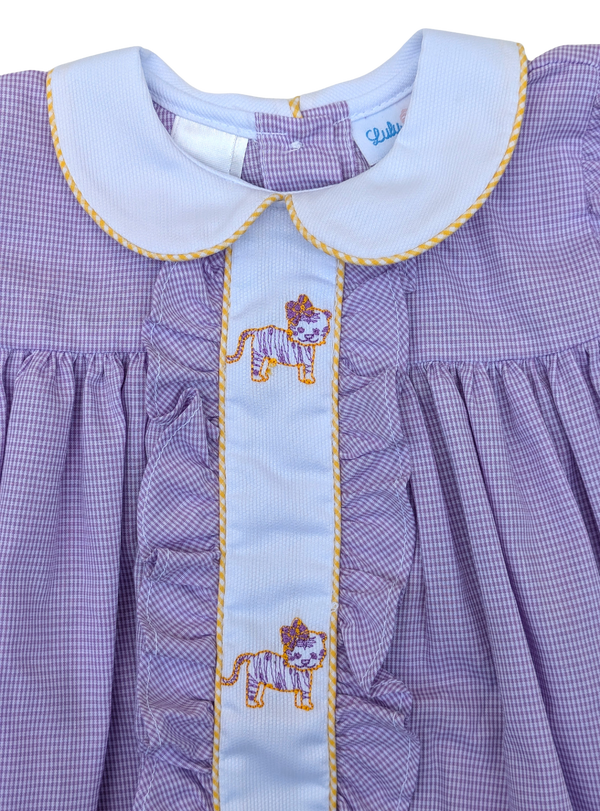 Lavender Gingham Embroidered LSU Tigers Dress