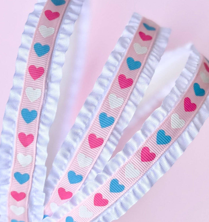 Pink & Blue Hearts Double Ruffle Ribbon Headband