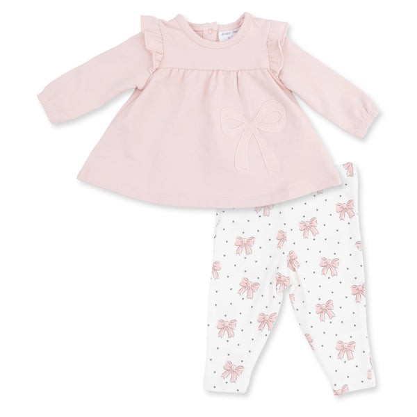 Veiled Pink Bows Long Sleeve Sweatshirt with Ruffles and Leggings
