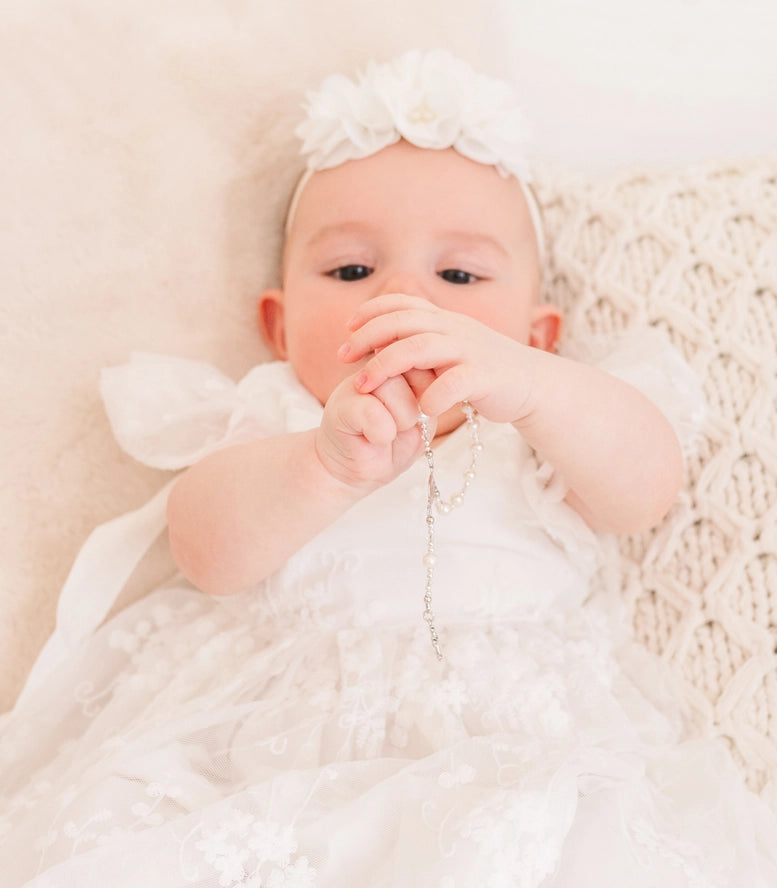 Sterling Silver White Baby Rosary Baptism Christening Gift