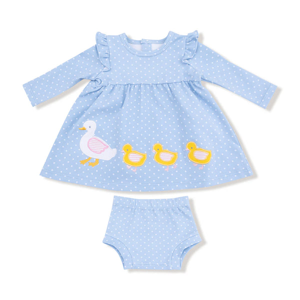 Chambray Blue Dot with Duck Family Applique - L/S Dress with Diaper Cover