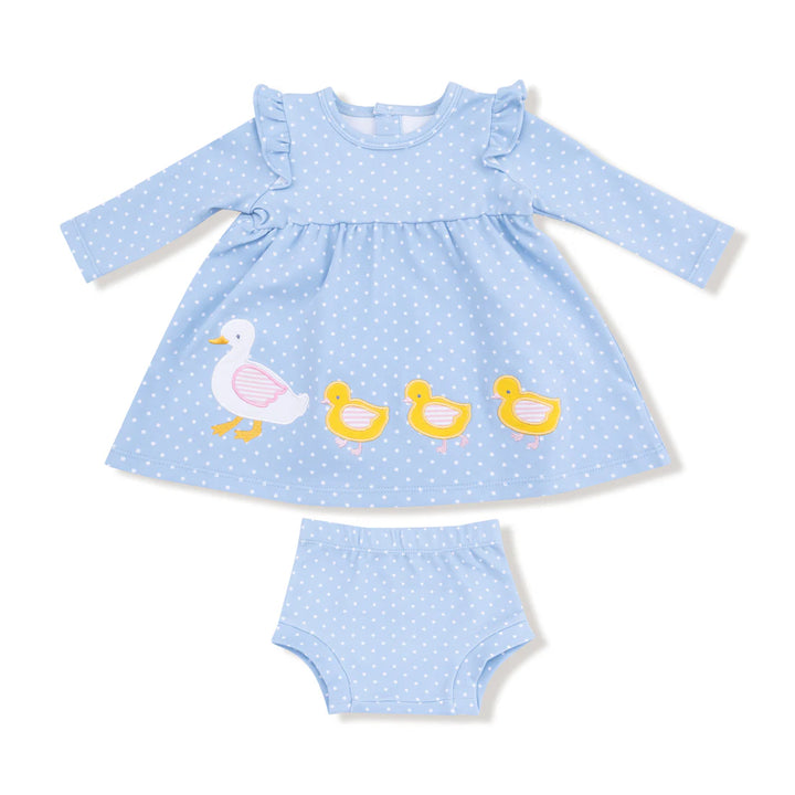 Chambray Blue Dot with Duck Family Applique - L/S Dress with Diaper Cover