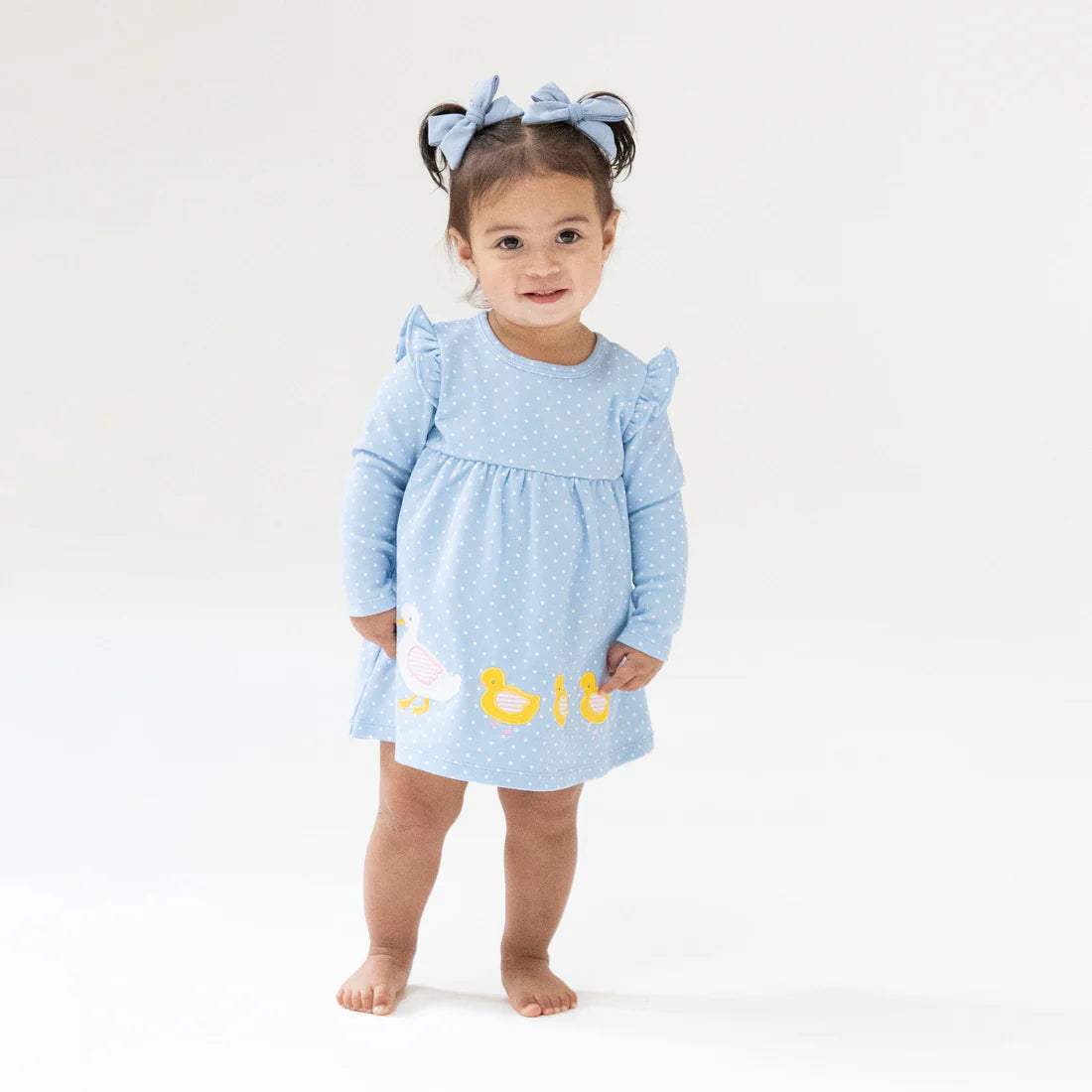 Chambray Blue Dot with Duck Family Applique - L/S Dress with Diaper Cover
