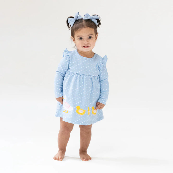 Chambray Blue Dot with Duck Family Applique - L/S Dress with Diaper Cover