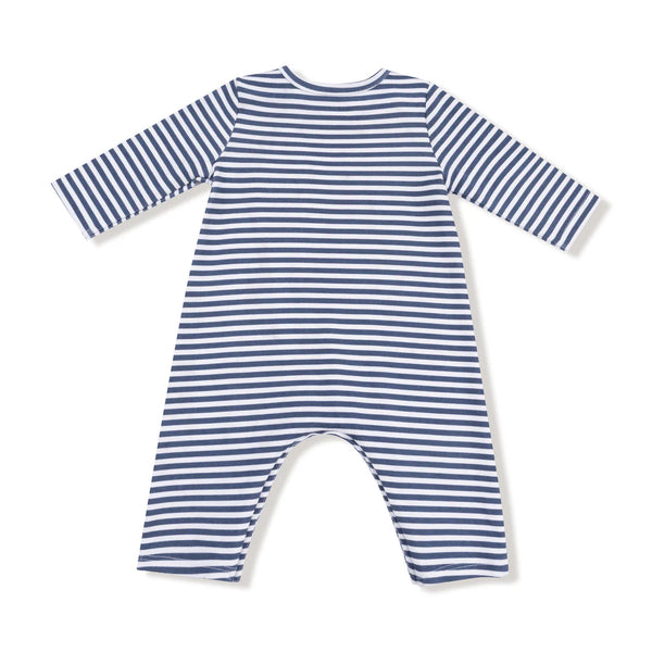 Stripes With Puppy Detailing -Organic Cotton Jersey - L/S Snap Shoulder Romper with Embroidered Dog